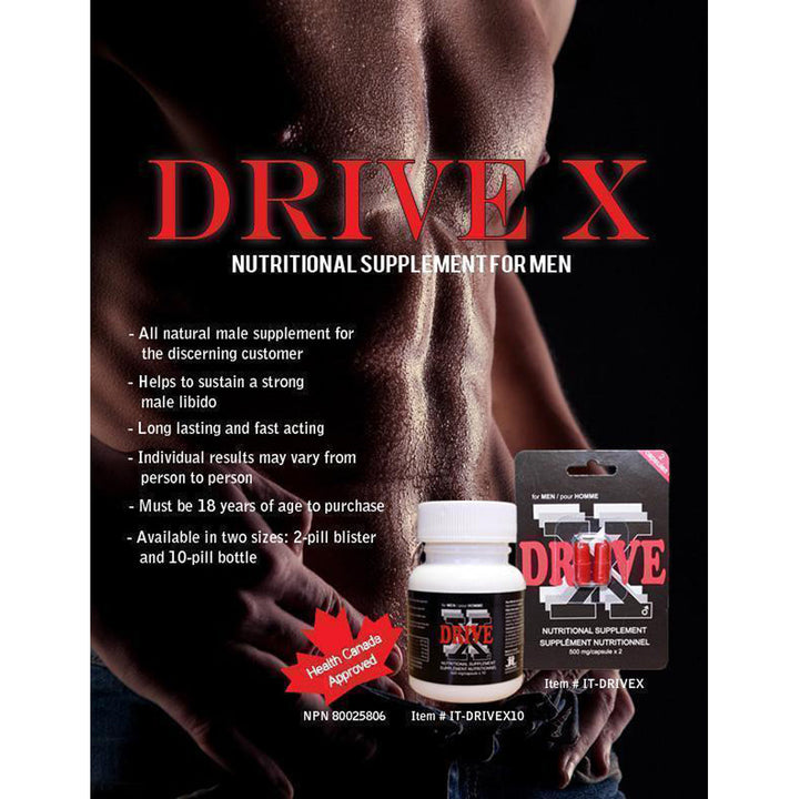 Drive X men's nutritional supplement bottle beside a 2-pill blister pack, Health Canada approved