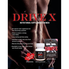 Drive X men's nutritional supplement bottle beside a 2-pill blister pack, Health Canada approved