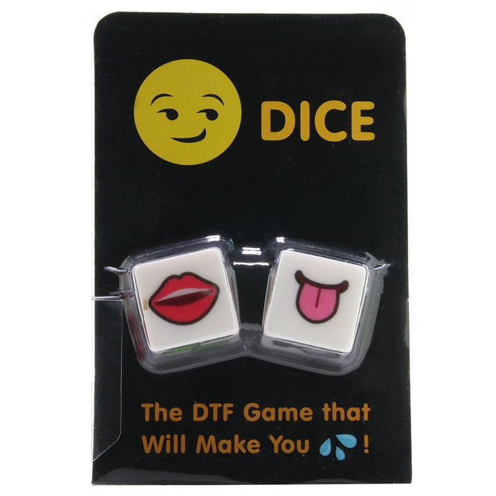 DTF Naughty Emoji Dice Game by Kheper Games on black card packaging showing two white dice