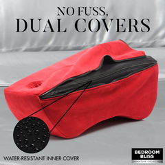 Dual-cover design shown open revealing water-resistant black inner layer beneath red velvet outer