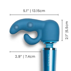 Dual Petite attachment dimensions: 5.1in wide, 2.1in tall, 2.9in base, blue silicone