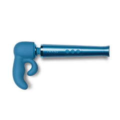 Dual Petite blue silicone attachment fitted onto Le Wand Petite wand massager handle