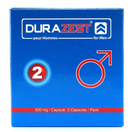 Durazest for Men supplement box, blue with red accents, 500 mg capsules, 2-pack