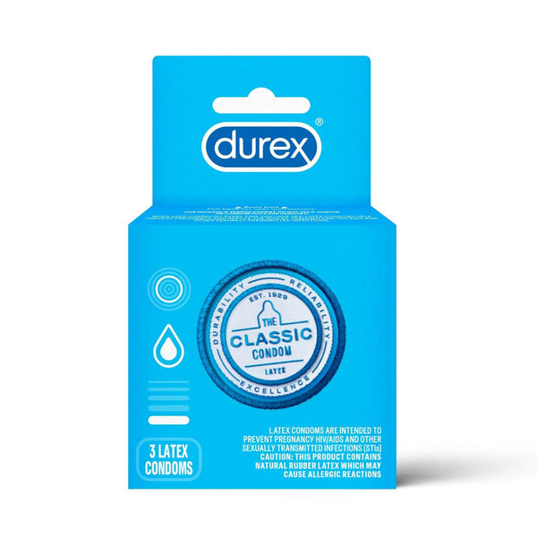 Durex Classic Condoms 3-pack box in bright blue, highlighting latex material and reliability badge