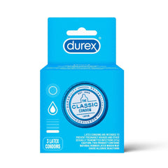 Durex Classic Condoms 3-pack box in bright blue, highlighting latex material and reliability badge