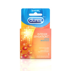 Durex Intense Sensation Studded condoms, 3-pack box with raised-stud feature noted on orange packaging