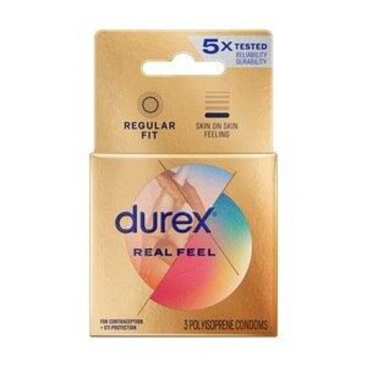Durex Real Feel 3-pack condoms in gold packaging, regular fit, polyisoprene non-latex