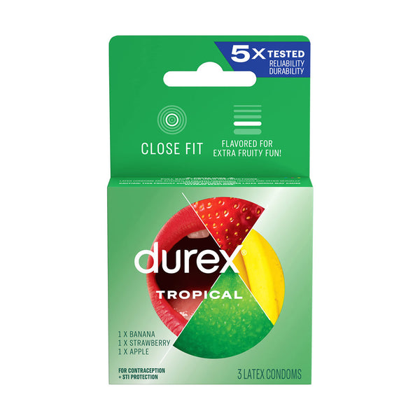 Durex Tropical flavoured latex condoms 3-pack box with banana, strawberry, and apple varieties