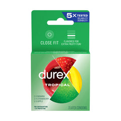 Durex Tropical flavoured latex condoms 3-pack box with banana, strawberry, and apple varieties