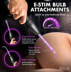 E-stim bulb attachments including tongue, probe, and ballpoint electrodes producing purple electrical arcs on skin