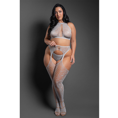 UNRAVEL ME Crotchless plunge halter teddy bodystocking in striped opaque and sheer knit (Dark Teal)