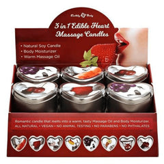 Earthly Body 3-in-1 Edible Heart Massage Candles display set with fruit-themed soy wax tins