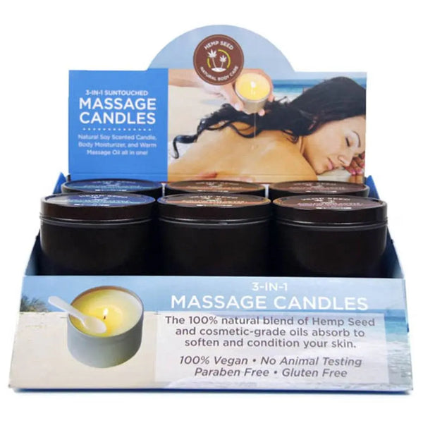 Earthly Body 3-in-1 Massage Candles retail display box with six black tins, vegan formula