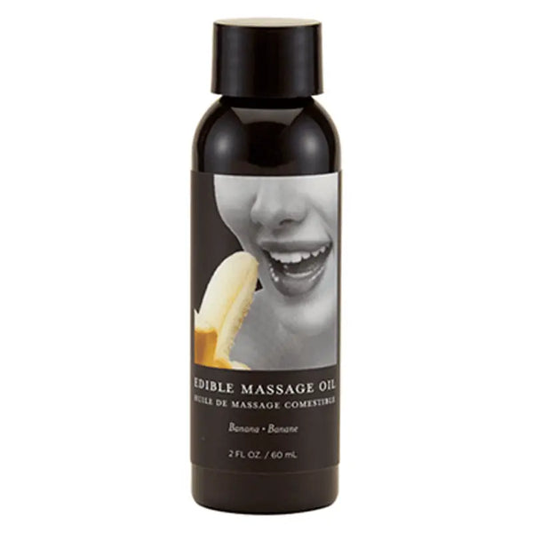Earthly Body Banana Edible Massage Oil in a 2 fl oz black bottle with flip cap