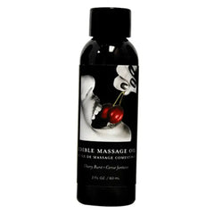 Earthly Body Cherry Edible Massage Oil in a 2 fl oz black bottle with cherry label art