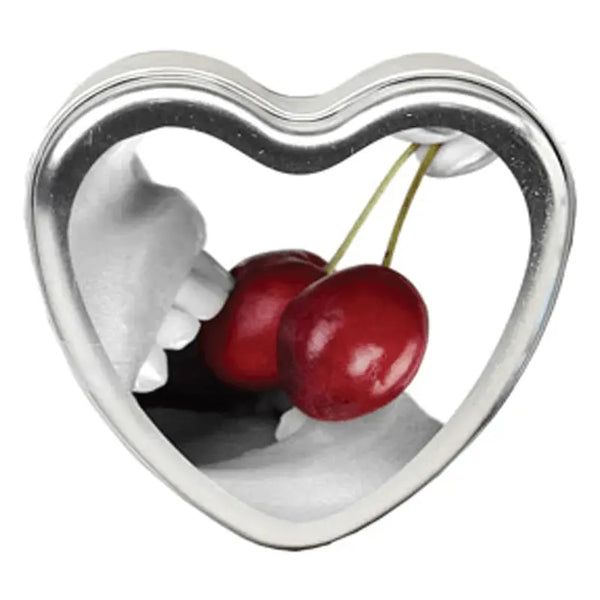 Earthly Body Cherry Heart Tin Massage Candle in silver heart-shaped tin with cherry imagery