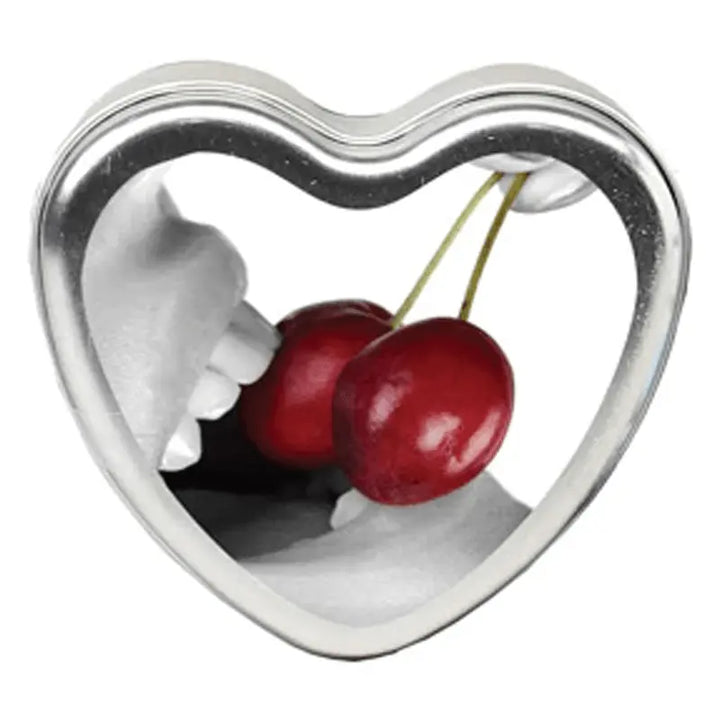 Earthly Body Cherry Heart Tin Massage Candle in silver heart-shaped tin with cherry imagery