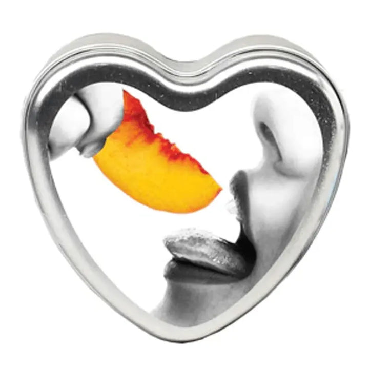 Earthly Body Edible Massage Candle in Peach, heart-shaped silver tin with peach slice graphic