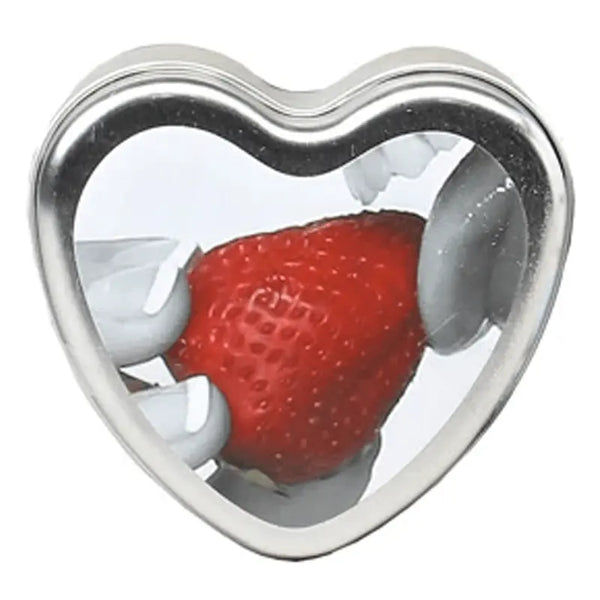 Earthly Body Edible Massage Candle in strawberry scent, heart-shaped silver tin with clear lid