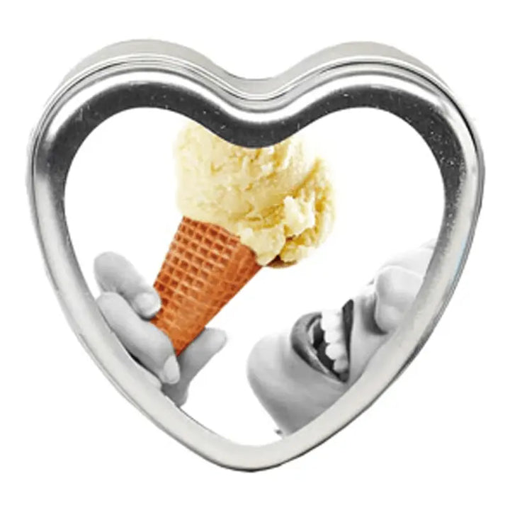 Earthly Body Edible Massage Candle Vanilla in a heart-shaped silver tin with ice cream cone label