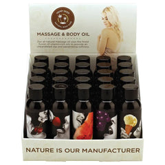 Earthly Body Edible Massage Oil 25-piece display box featuring assorted fruit-scented bottles