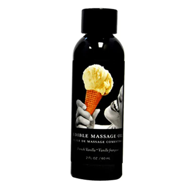 Earthly Body Edible Massage Oil in French Vanilla, 2 fl oz black bottle with ice cream label