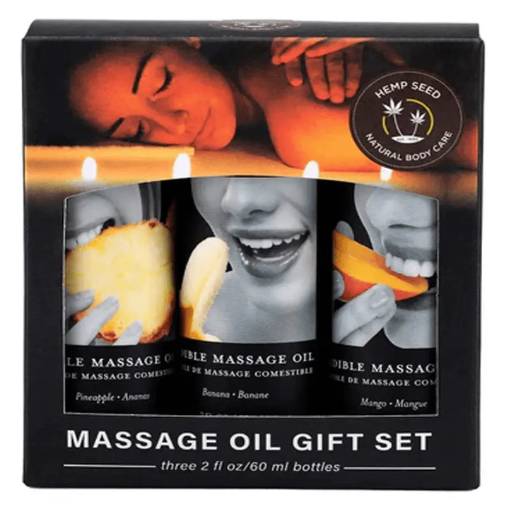 Earthly Body Edible Massage Oil Gift Set with pineapple, banana, and mango 2 fl oz bottles