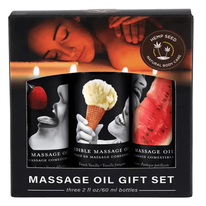 Earthly Body Edible Massage Oil Gift Set in strawberry, French vanilla, and watermelon, three 60ml bottles