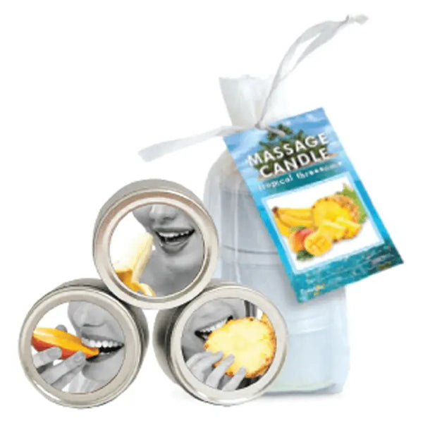 Earthly Body Edible Mini Massage Candle Tropical Trio set of three tins in sheer white bag