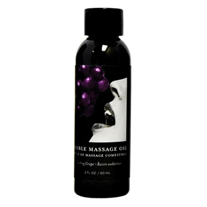 Earthly Body Grape Edible Massage Oil in a 2 fl oz black bottle with grape label