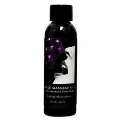Earthly Body Grape Edible Massage Oil in a 2 fl oz black bottle with grape label