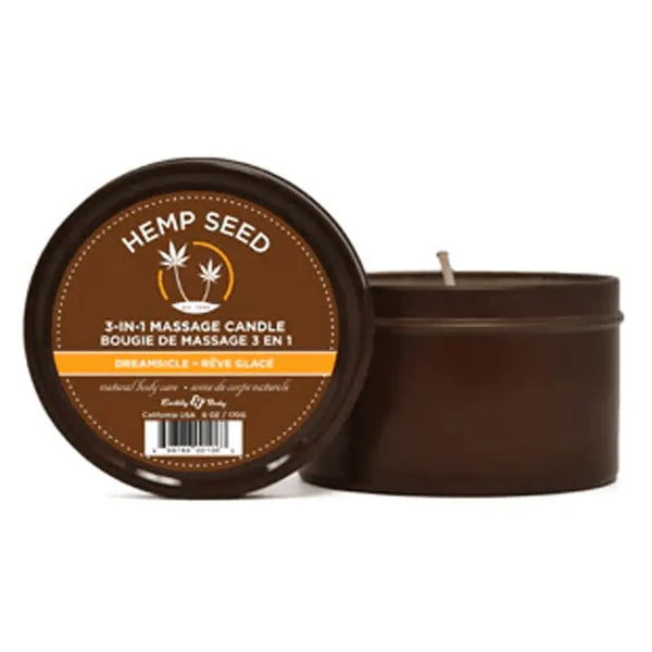 Earthly Body Hemp Seed 3-in-1 Massage Candle in Dreamsicle, 6 oz brown tin with lid