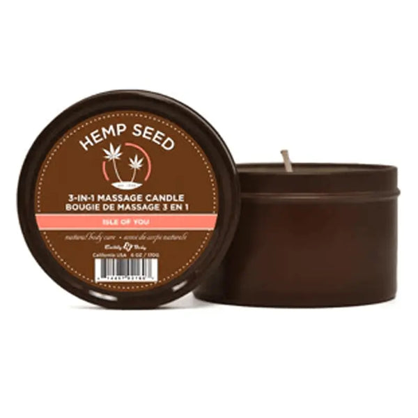 Earthly Body Hemp Seed 3-in-1 Massage Candle in Isle of You, 6 oz brown tin with lid