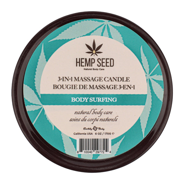 Earthly Body Hemp Seed 3-in-1 Massage Candle Body Surfing, teal label top view