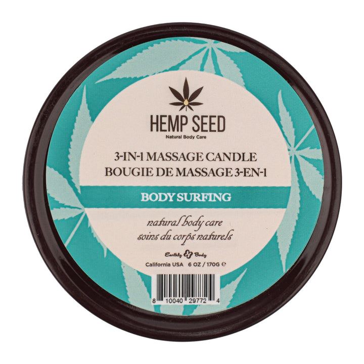 Earthly Body Hemp Seed 3-in-1 Massage Candle Body Surfing, teal label top view