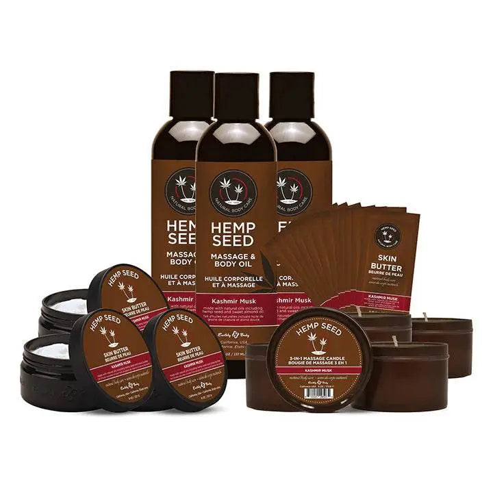 Earthly Body Hemp Seed Kashmir Musk prepack with body oils, skin butters, candles, and sachet samples
