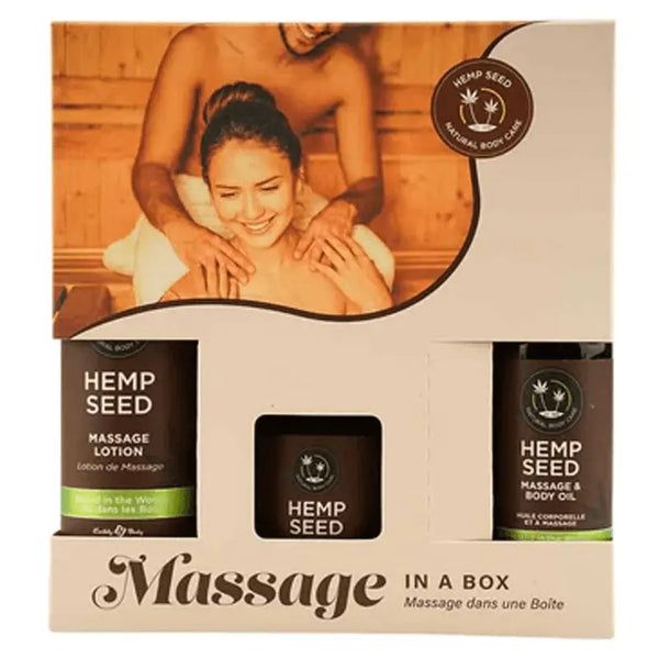 Earthly Body Hemp Seed Massage in a Box gift set with lotion, candle, and body oil trio