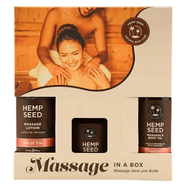 Earthly Body Hemp Seed Massage Gift Box Isle of You with lotion, oil, and candle set