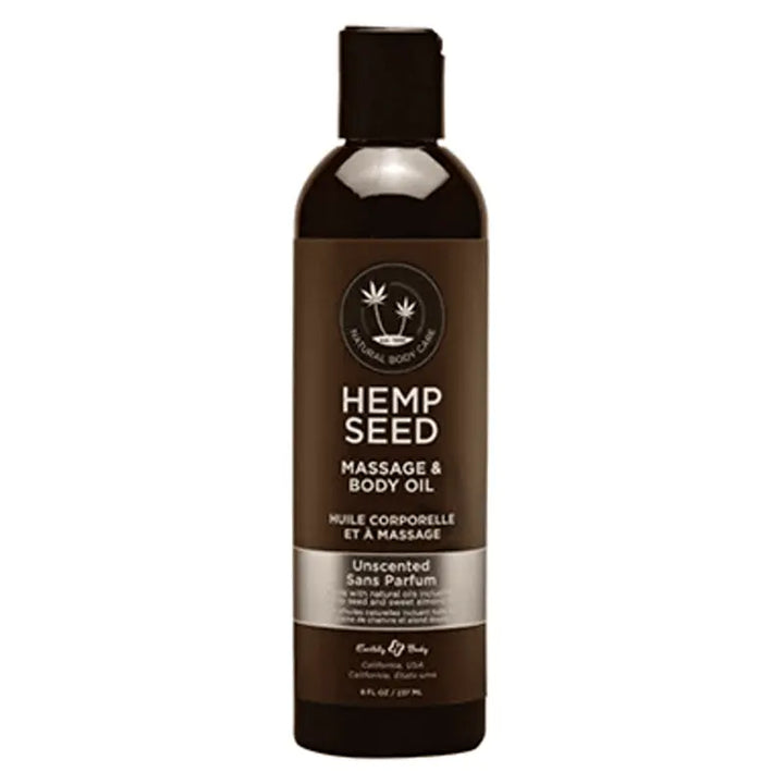 Earthly Body Hemp Seed Massage & Body Oil in an 8 oz dark bottle, unscented formula