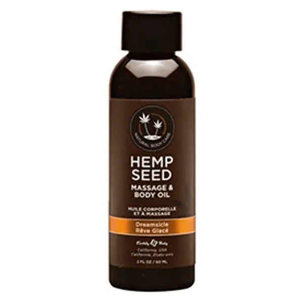 Earthly Body Hemp Seed Massage & Body Oil in Dreamsicle scent, 2 fl oz dark bottle