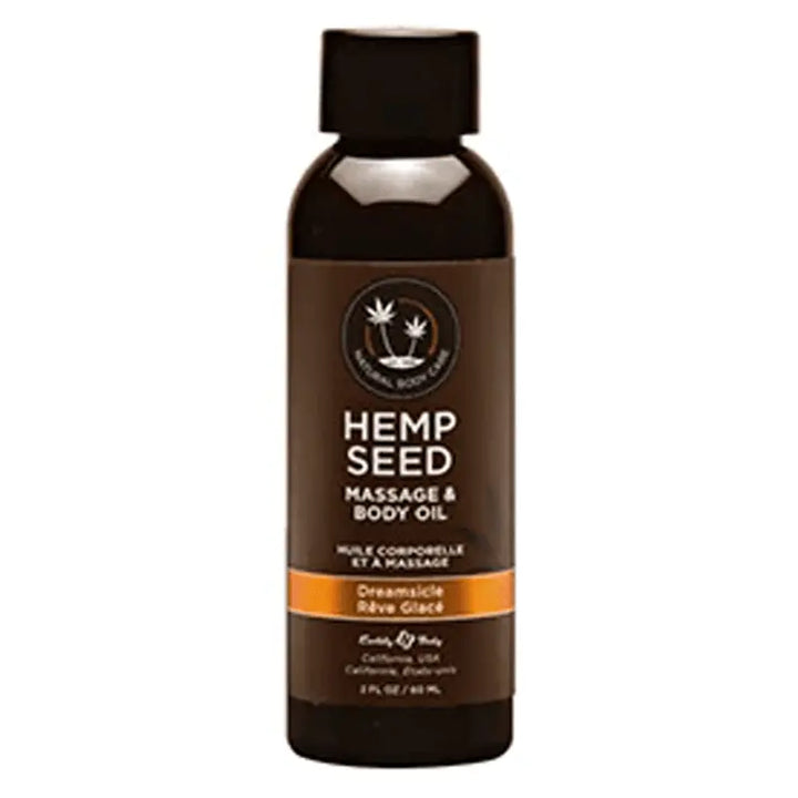 Earthly Body Hemp Seed Massage & Body Oil in Dreamsicle scent, 2 fl oz dark bottle