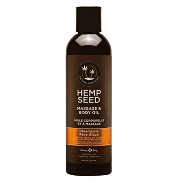 Earthly Body Hemp Seed Massage & Body Oil in Dreamsicle scent, 8 oz dark bottle