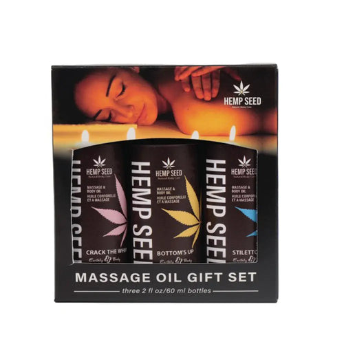 Earthly Body Hemp Seed Massage Oil Gift Set box with three 2 fl oz bottles inside