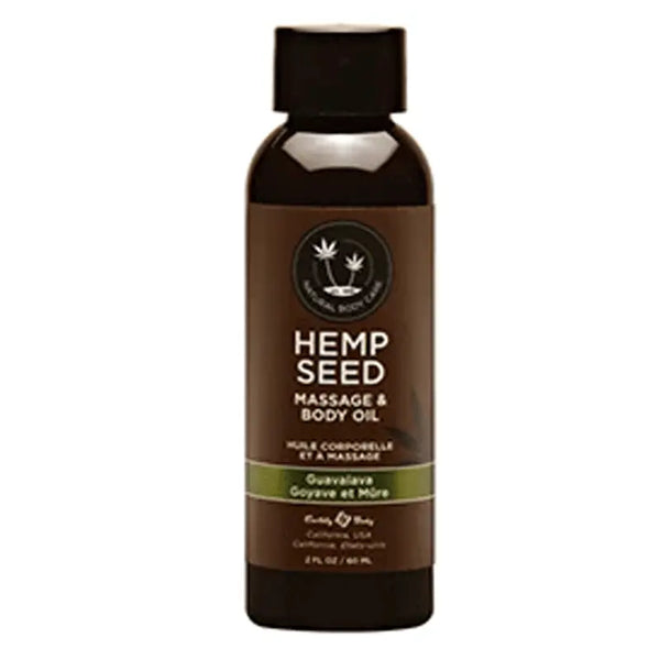 Earthly Body Hemp Seed Massage Oil in Guavalava, 2 fl oz amber bottle with dark cap