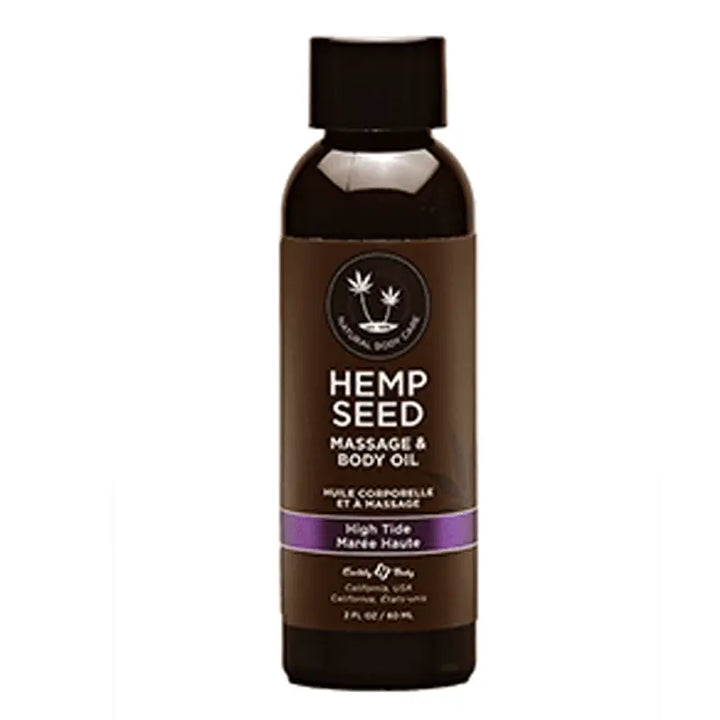 Earthly Body Hemp Seed Massage Oil in High Tide, 2 fl oz dark bottle with purple label