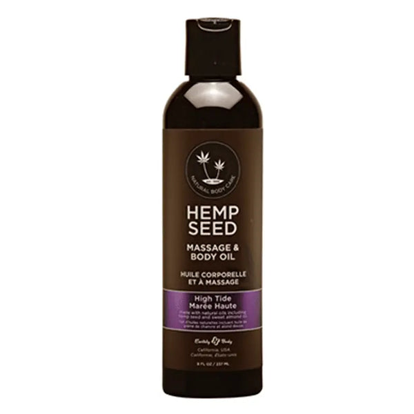 Earthly Body Hemp Seed Massage & Body Oil in High Tide scent, 8 fl oz dark bottle