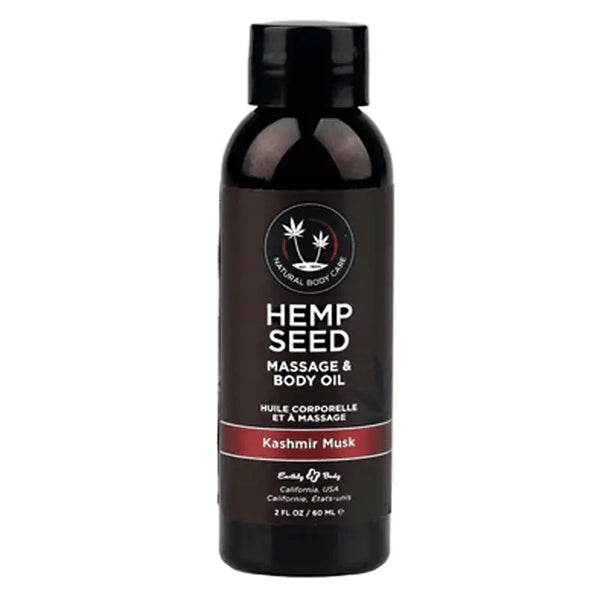 Earthly Body Hemp Seed Massage Oil in Kashmir Musk, 2 fl oz dark bottle with black cap