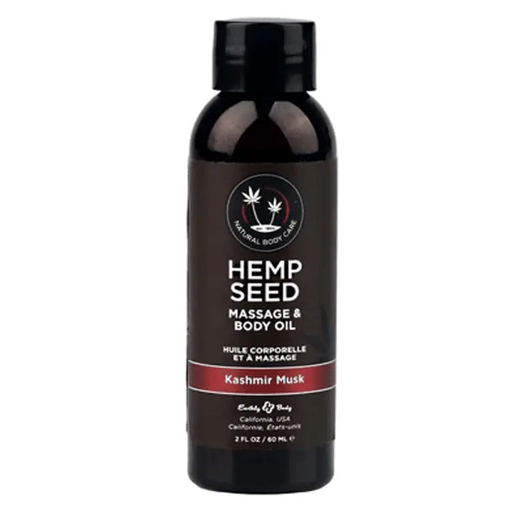 Earthly Body Hemp Seed Massage Oil in Kashmir Musk, 2 fl oz dark bottle with black cap
