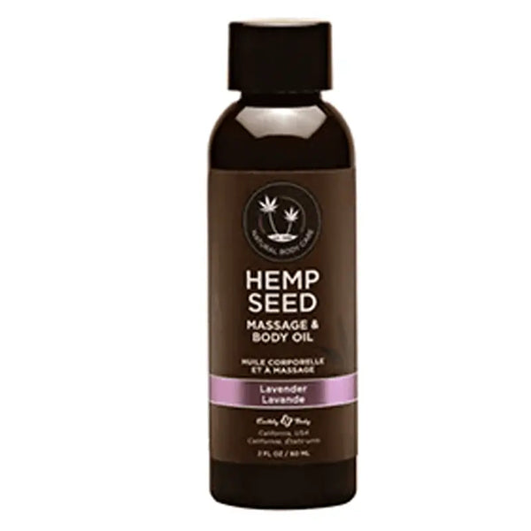 Earthly Body Hemp Seed Massage Oil in Lavender, 2 fl oz dark bottle with purple label