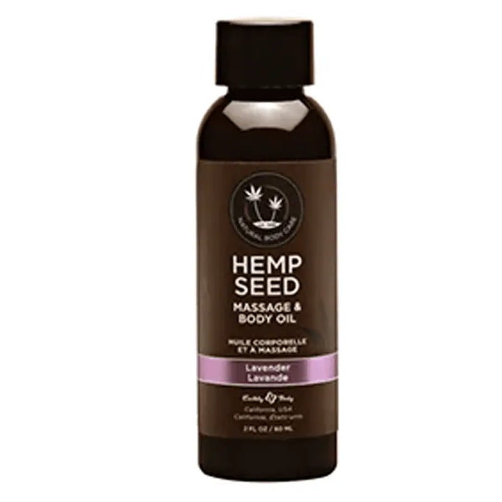 Earthly Body Hemp Seed Massage Oil in Lavender, 2 fl oz dark bottle with purple label